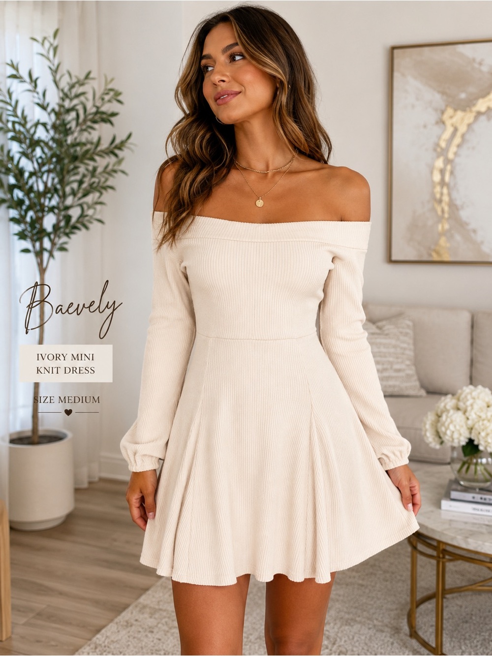 Baevely Ivory Off Shoulder Ribbed Knit Mini Dress NWT Medium Fit & Flare